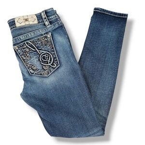 Miss Me Skinny Jeans Mid Rise Medium Wash Stretch Embellished Pocket Design 29